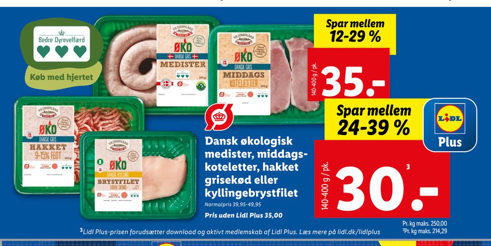 Tilbud på Dansk økologisk medister, middagskoteletter, hakket grisekød eller kyllingebrystfilet fra Lidl til 35 kr.