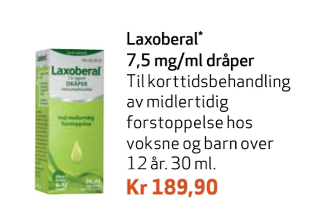 Tilbud på Laxoberal 7,5 mg/ml dråper fra Apotek 1 til 189,90 kr