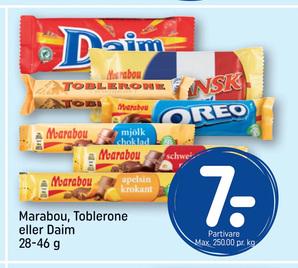 Tilbud på Marabou, Toblerone eller Daim 28-46 g fra REMA 1000 til 7 kr.