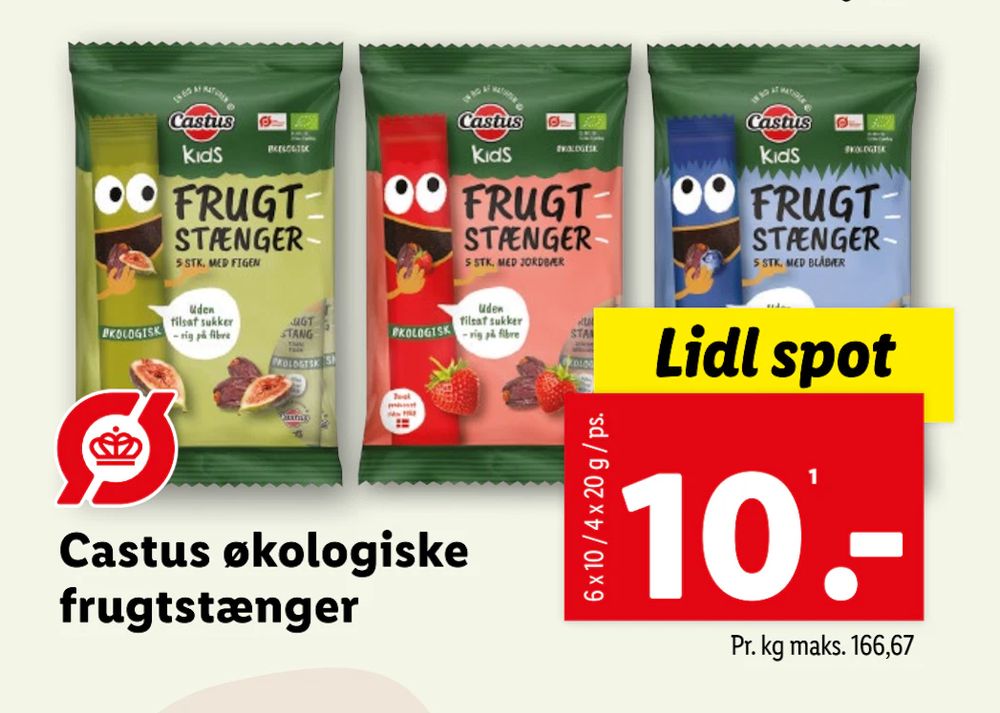 Tilbud på Castus økologiske frugtstænger fra Lidl til 10 kr.