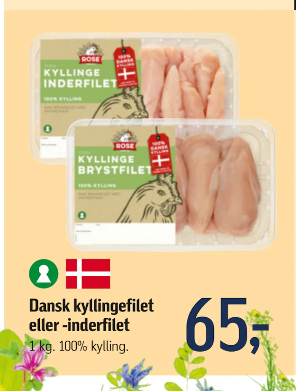 Tilbud på Dansk kyllingefilet eller -inderfilet fra føtex til 65 kr.