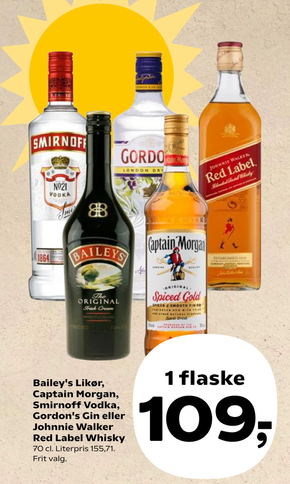 Tilbud på Bailey's Likør, Captain Morgan, Smirnoff Vodka, Gordon's Gin eller Johnnie Walker Red Label Whisky fra SuperBrugsen til 109 kr.