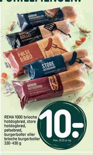 REMA 1000 brioche hotdogbrød, store hotdogbrød, pølsebrød, burgerboller eller brioche burgerboller 330-430 g