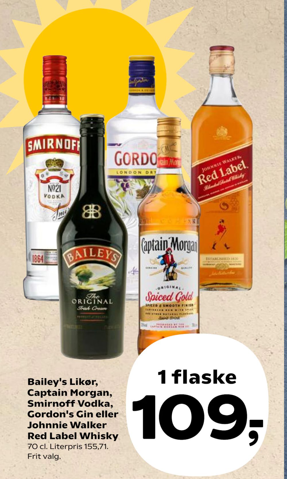 Tilbud på Bailey's Likør, Captain Morgan, Smirnoff Vodka, Gordon's Gin eller Johnnie Walker Red Label Whisky fra Kvickly til 109 kr.
