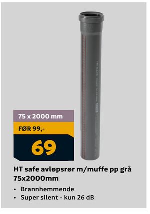 HT safe avløpsrør m/muffe pp grå 75x2000mm