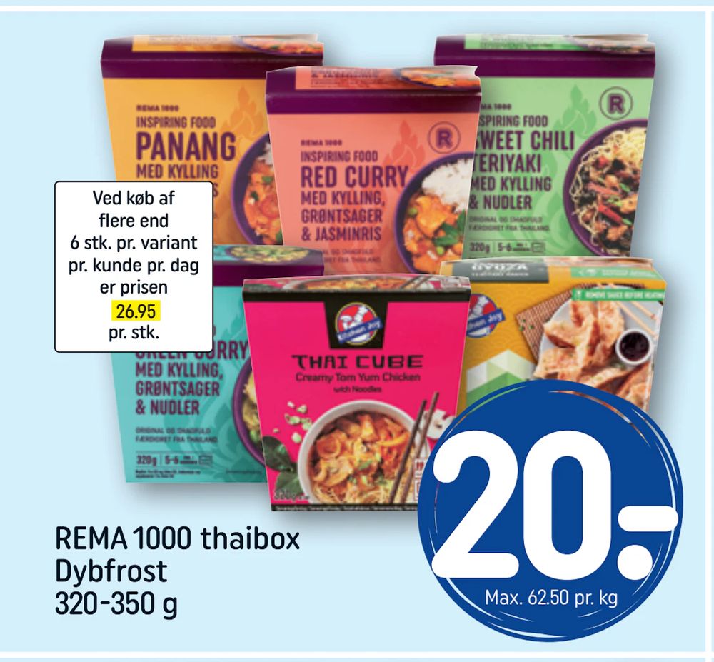 Tilbud på REMA 1000 thaibox Dybfrost 320-350 g fra REMA 1000 til 20 kr.
