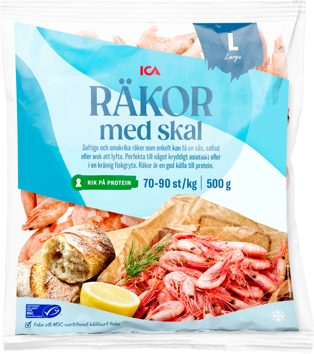 Erbjudanden på Stora frysta räkor med skal (ICA) från ICA Supermarket för 49 kr