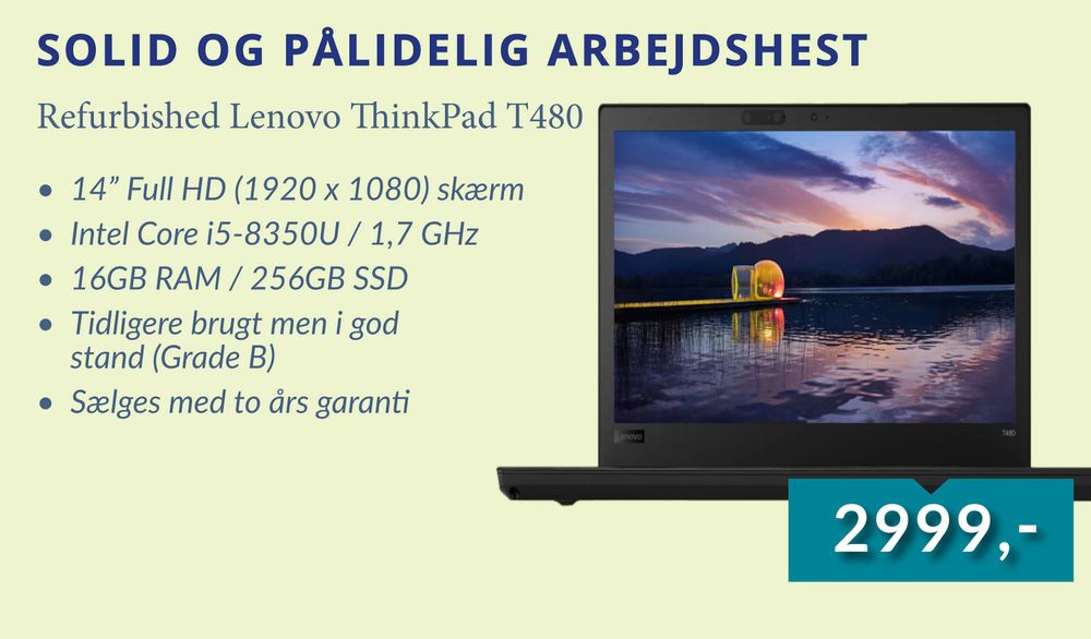 Tilbud på Refurbished Lenovo ThinkPad T480 fra CBC IT til 2.999 kr.