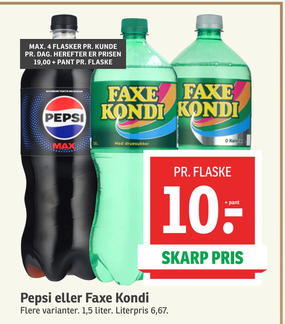 Tilbud på Pepsi eller Faxe Kondi fra SPAR til 10 kr.