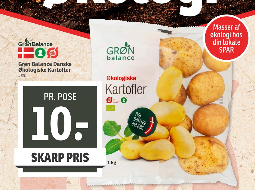 Tilbud på Grøn Balance Danske Økologiske Kartofler fra SPAR til 10 kr.