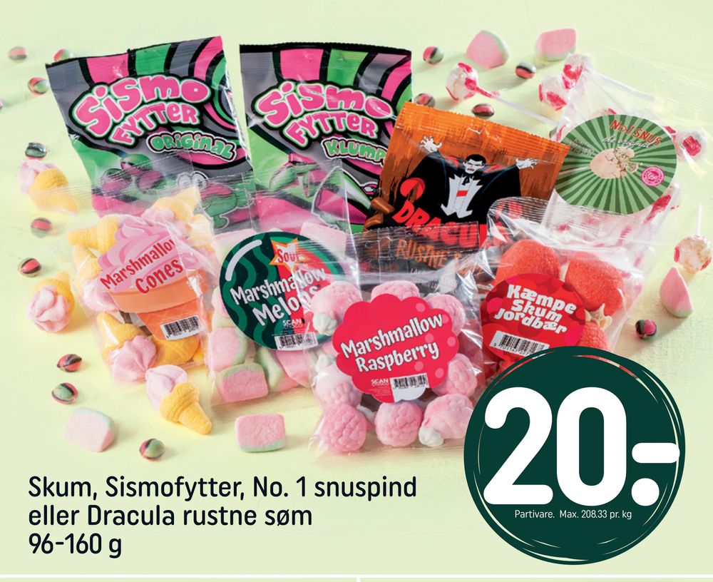 Tilbud på Skum, Sismofytter, No. 1 snuspind eller Dracula rustne søm 96-160 g fra REMA 1000 til 20 kr.