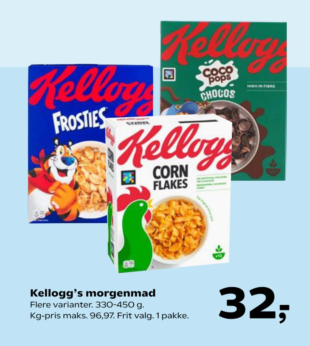 Tilbud på Kellogg’s morgenmad fra SuperBrugsen til 32 kr.