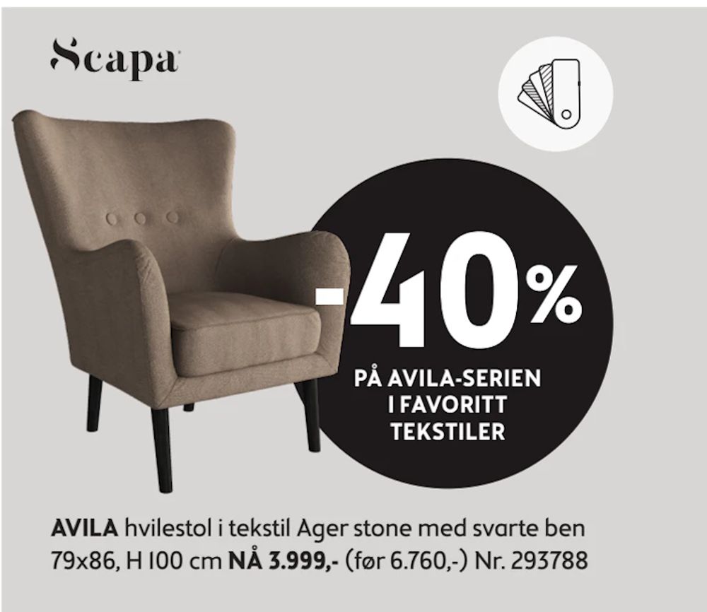 Tilbud på AVILA hvilestol i tekstil Ager stone med svarte ben 79x86, H 100 cm fra Bohus til 3 999 kr