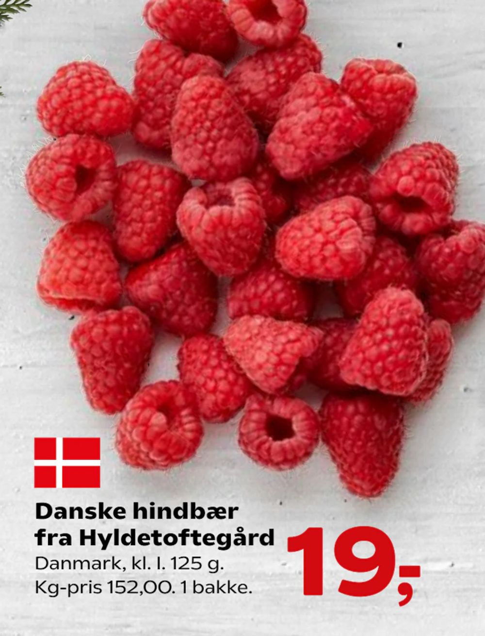 Tilbud på Danske hindbær fra Hyldetoftegård fra SuperBrugsen til 19 kr.