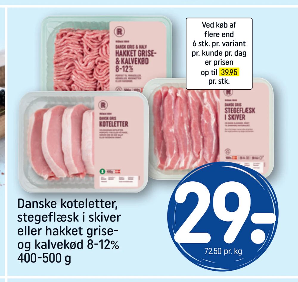 Tilbud på Danske koteletter, stegeflæsk i skiver eller hakket grise- og kalvekød 8-12% 400-500 g fra REMA 1000 til 29 kr.