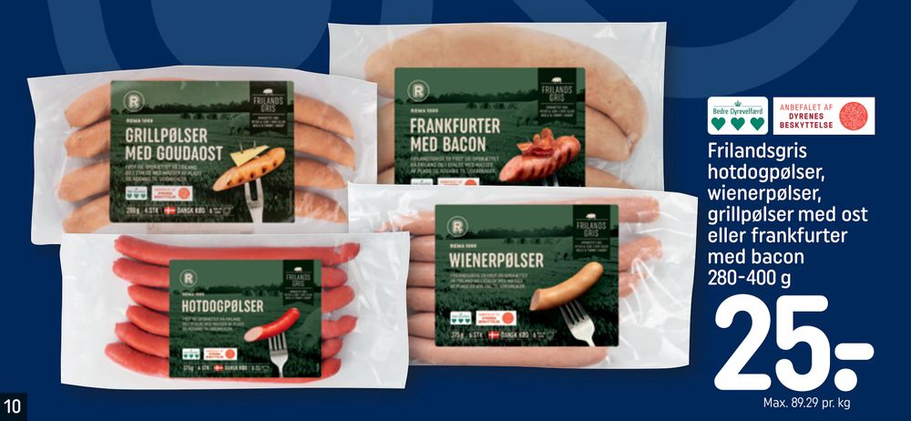 Tilbud på Frilandsgris hotdogpølser, wienerpølser, grillpølser med ost eller frankfurter med bacon 280-400 g fra REMA 1000 til 25 kr.