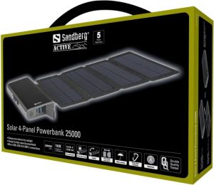 Sandberg Solar 4-Panel Powerbank 25000 - Solarstrømbank - Li-pol - 25000 mAh - 92.5 Wh - 18 Watt - 3 A (2 x USB, 24 pin USB-C) - på kabel: Micro-USB,