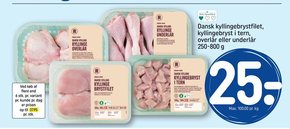Tilbud på Dansk kyllingebrystfilet, kyllingebryst i tern, overlår eller underlår 250-800 g fra REMA 1000 til 25 kr.
