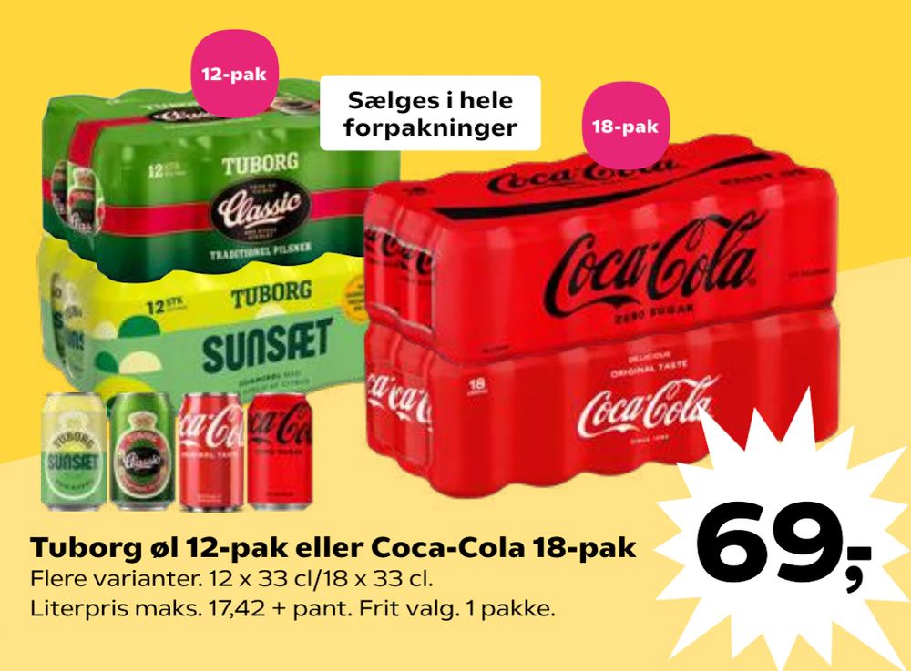 Tilbud på Tuborg øl 12-pak eller Coca-Cola 18-pak fra Kvickly til 69 kr.