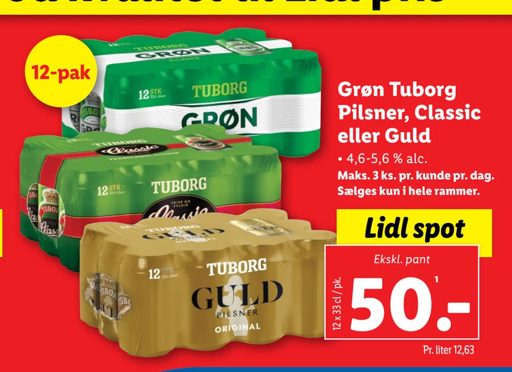 Tilbud på Grøn Tuborg Pilsner, Classic eller Guld fra Lidl til 50 kr.