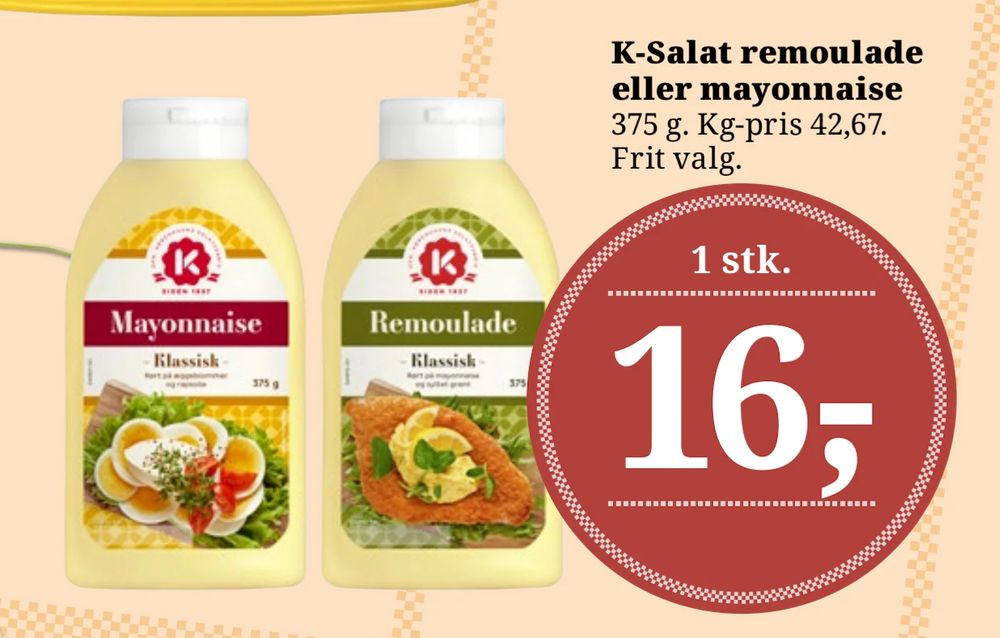 Tilbud på K-Salat remoulade eller mayonnaise fra Brugsen til 16 kr.