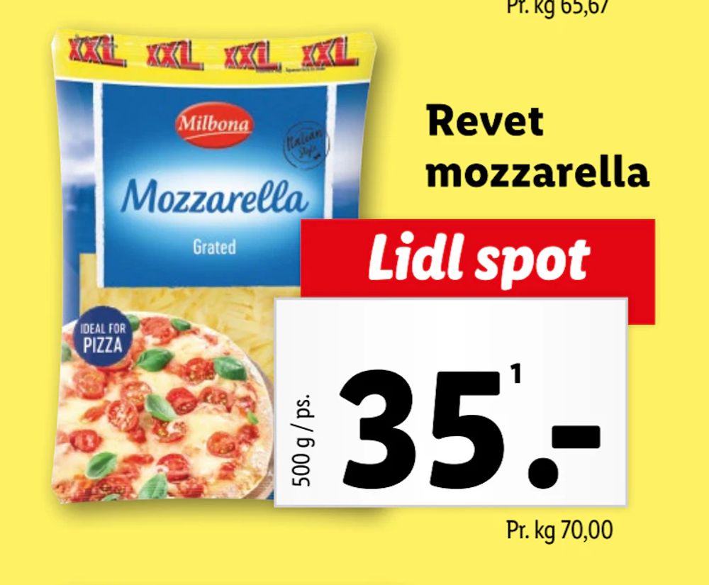 Tilbud på Revet mozzarella fra Lidl til 35 kr.