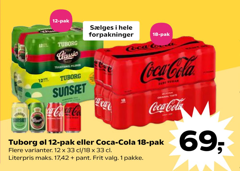 Tilbud på Tuborg øl 12-pak eller Coca-Cola 18-pak fra SuperBrugsen til 69 kr.