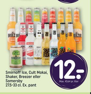 Smirnoff Ice, Cult Mokai, Shaker, Breezer eller Somersby 27.5-33 cl. Ex. pant