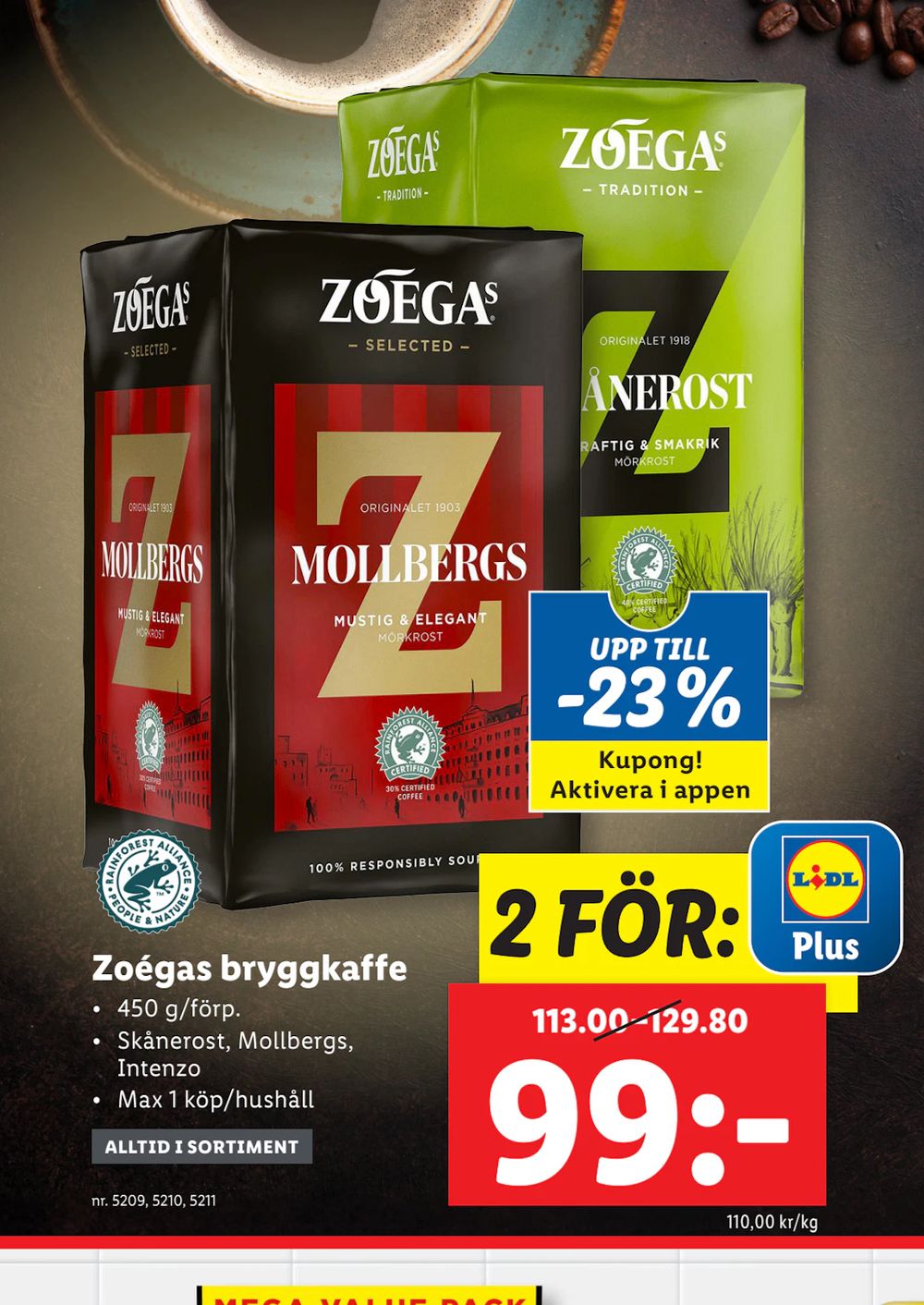 Erbjudanden på Zoégas bryggkaffe från Lidl för 99 kr