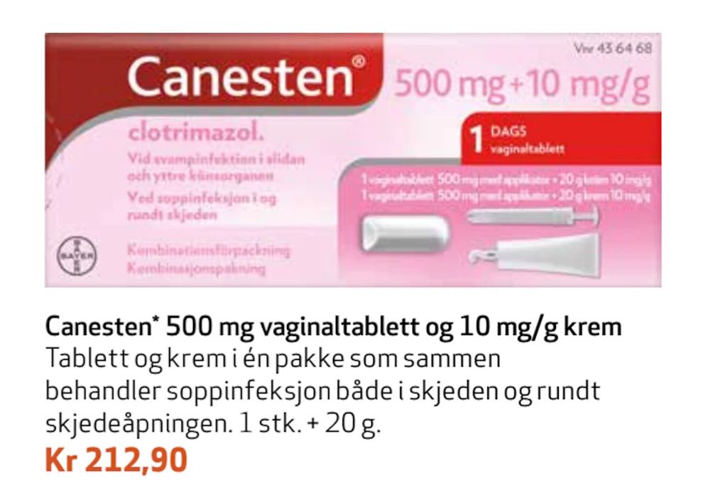 Tilbud på Canesten 500 mg vaginal tablett og 10 mg/g krem fra Apotek 1 til 212,90 kr