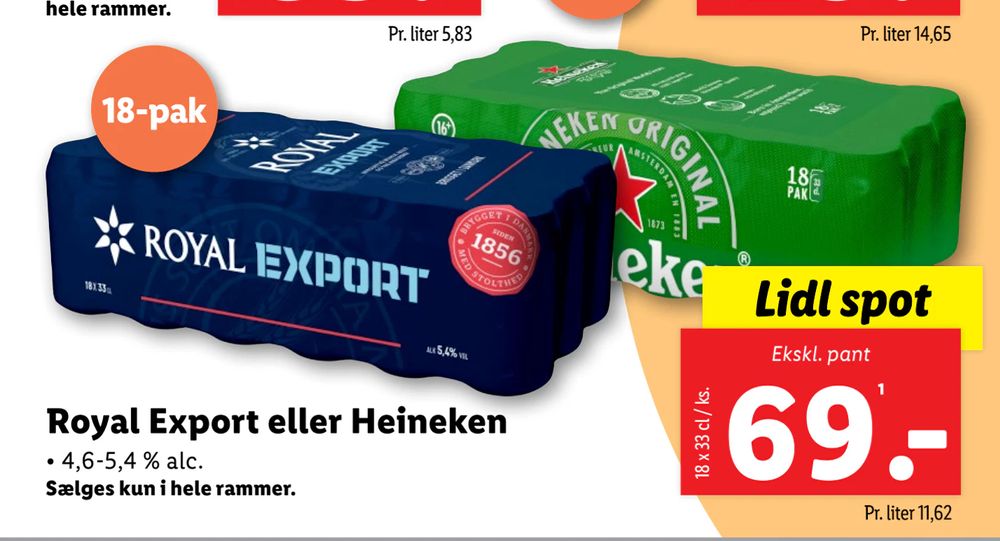 Tilbud på Royal Export eller Heineken fra Lidl til 69 kr.