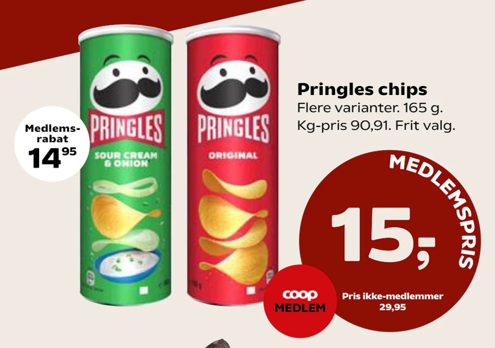 Tilbud på Pringles chips fra SuperBrugsen til 29,95 kr.