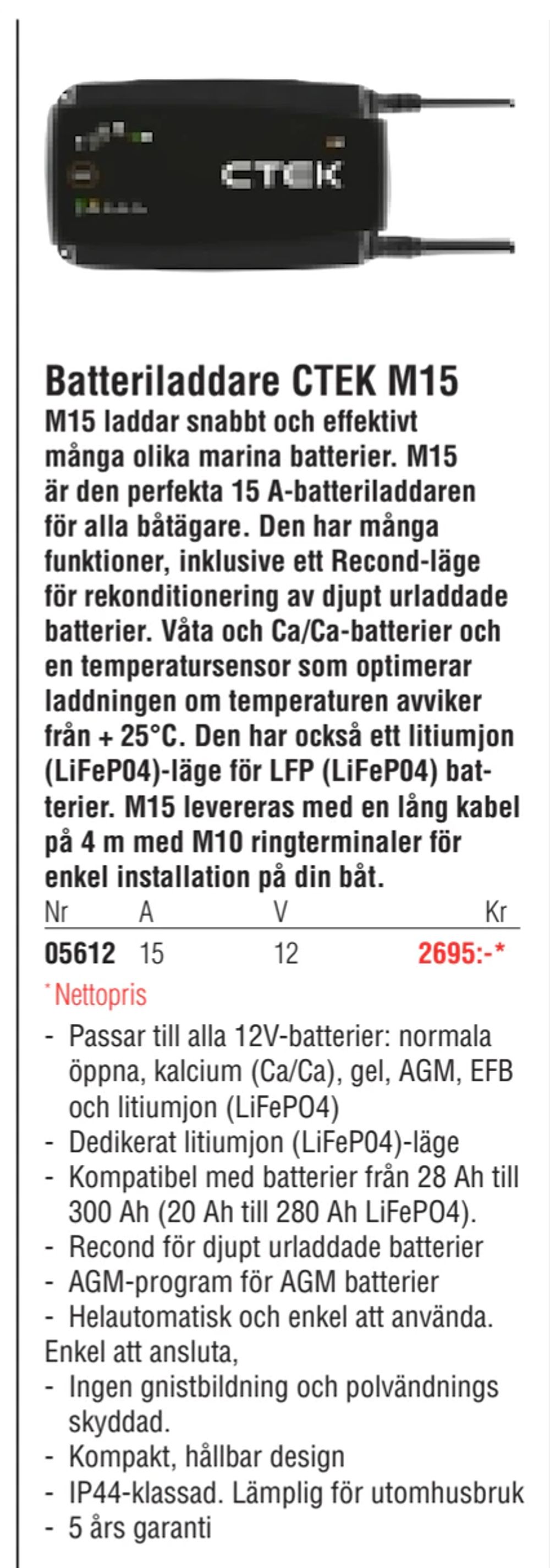Erbjudanden på Batteriladdare CTEK M15 från Erlandsons Brygga för 2 695 kr