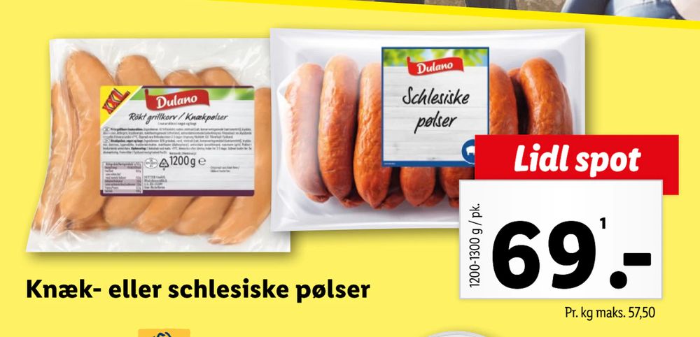 Tilbud på Knæk- eller schlesiske pølser fra Lidl til 69 kr.