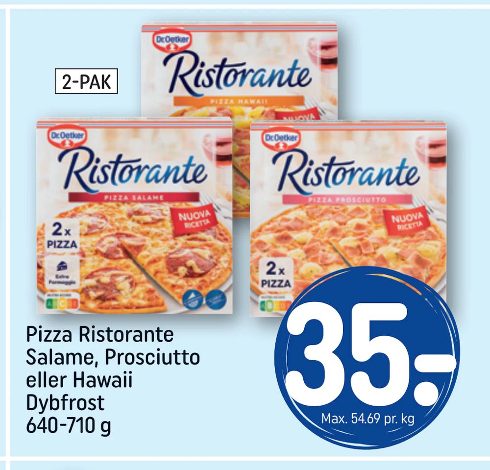Tilbud på Pizza Ristorante Salame, Prosciutto eller Hawaii Dybfrost 640-710 g fra REMA 1000 til 35 kr.