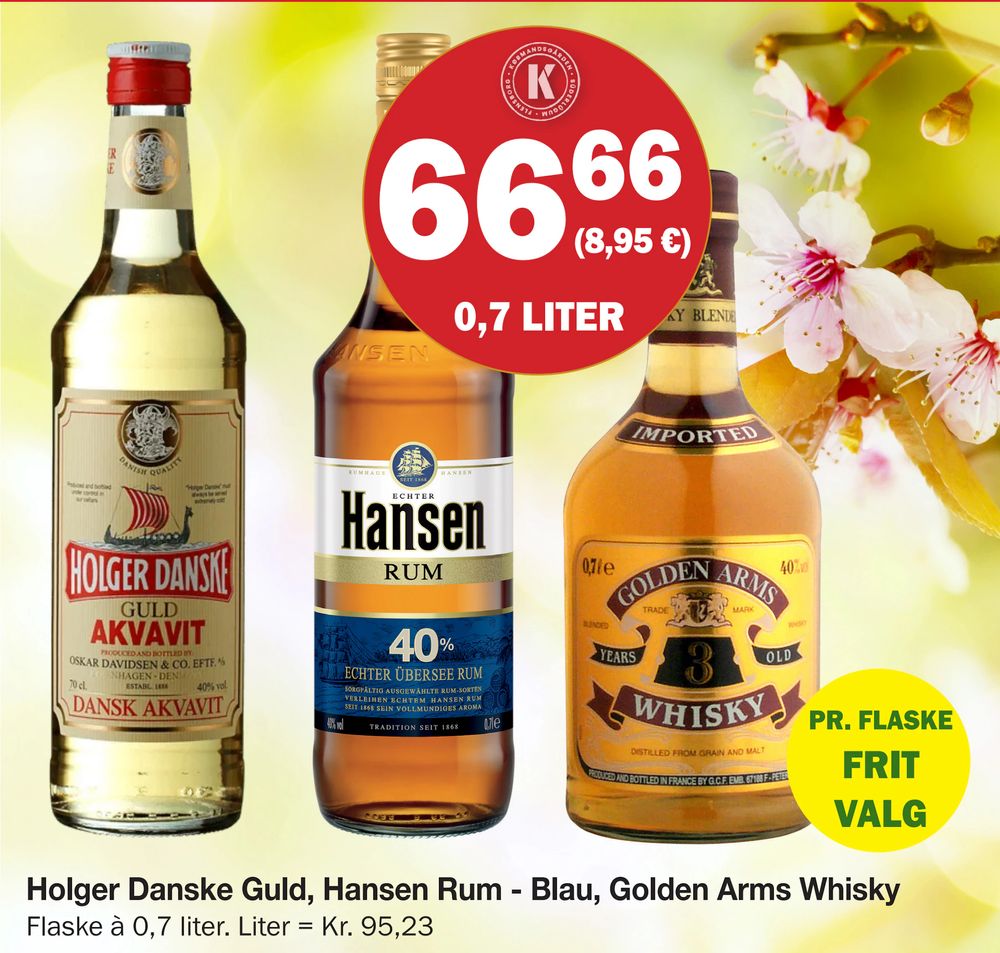 Tilbud på Holger Danske Guld, Hansen Rum - Blau, Golden Arms Whisky fra Købmandsgården til 66,66 kr.