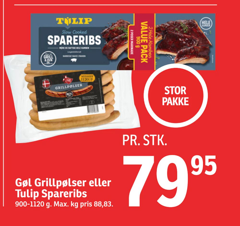 Tilbud på Gøl Grillpølser eller Tulip Spareribs fra SPAR til 79,95 kr.