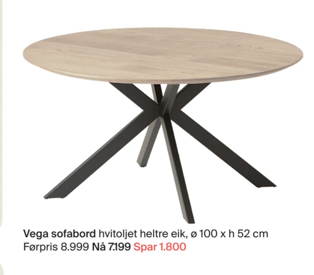Tilbud på Vega sofabord hvitoljet heltre eik fra Møbelringen til 7 199 kr