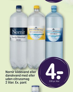Nornir kildevand eller danskvand med eller uden citrussmag 2 liter. Ex. pant