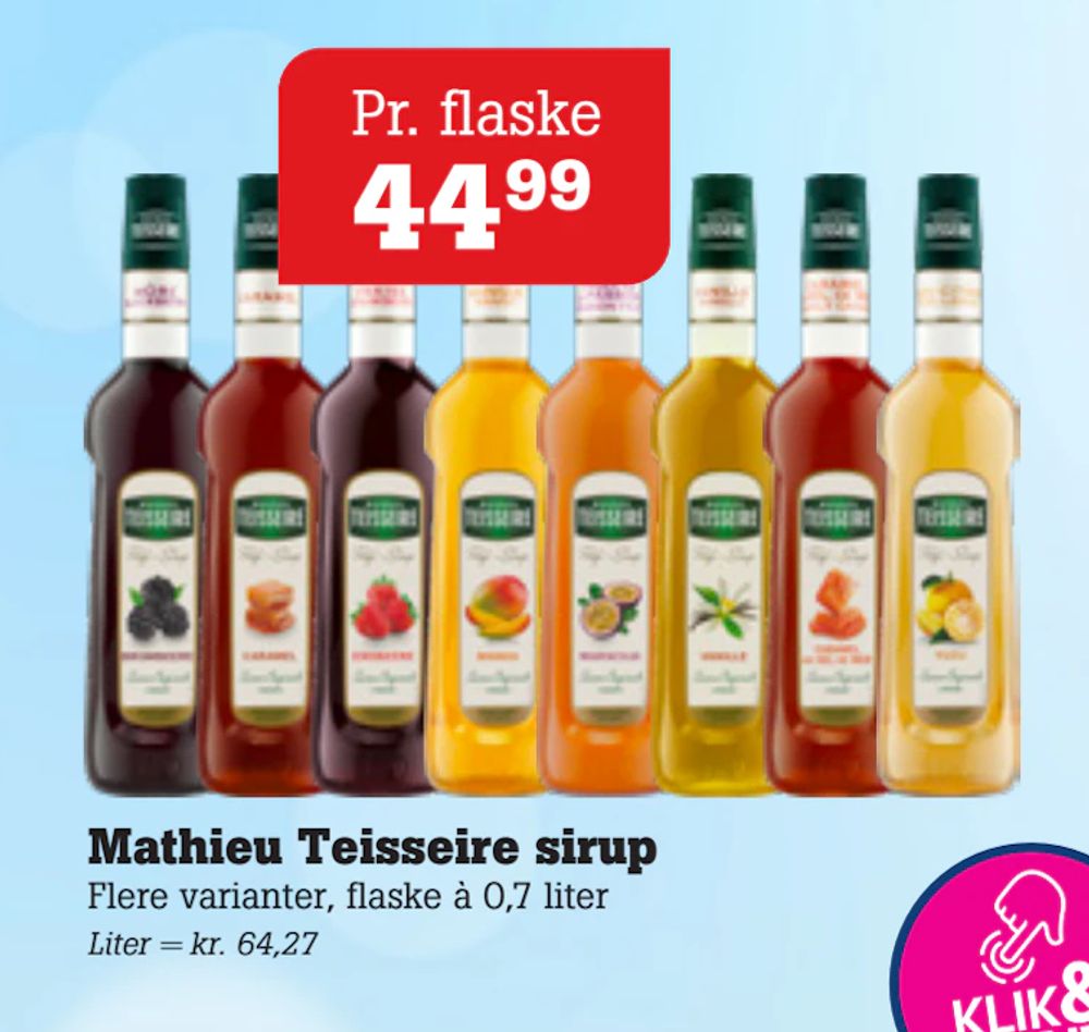 Tilbud på Mathieu Teisseire sirup fra Poetzsch Padborg til 44,99 kr.
