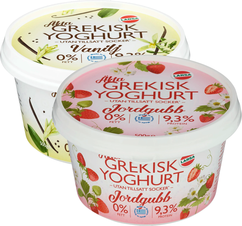 Erbjudanden på Yoghurt Äkta Grekisk Jordgubb & Vanilj 0% (Larsa Foods) från ICA Supermarket för 22,90 kr