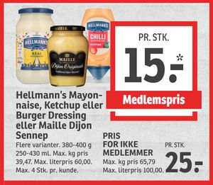 Hellmann’s Mayonnaise, Ketchup eller Burger Dressing eller Maille Dijon Sennep