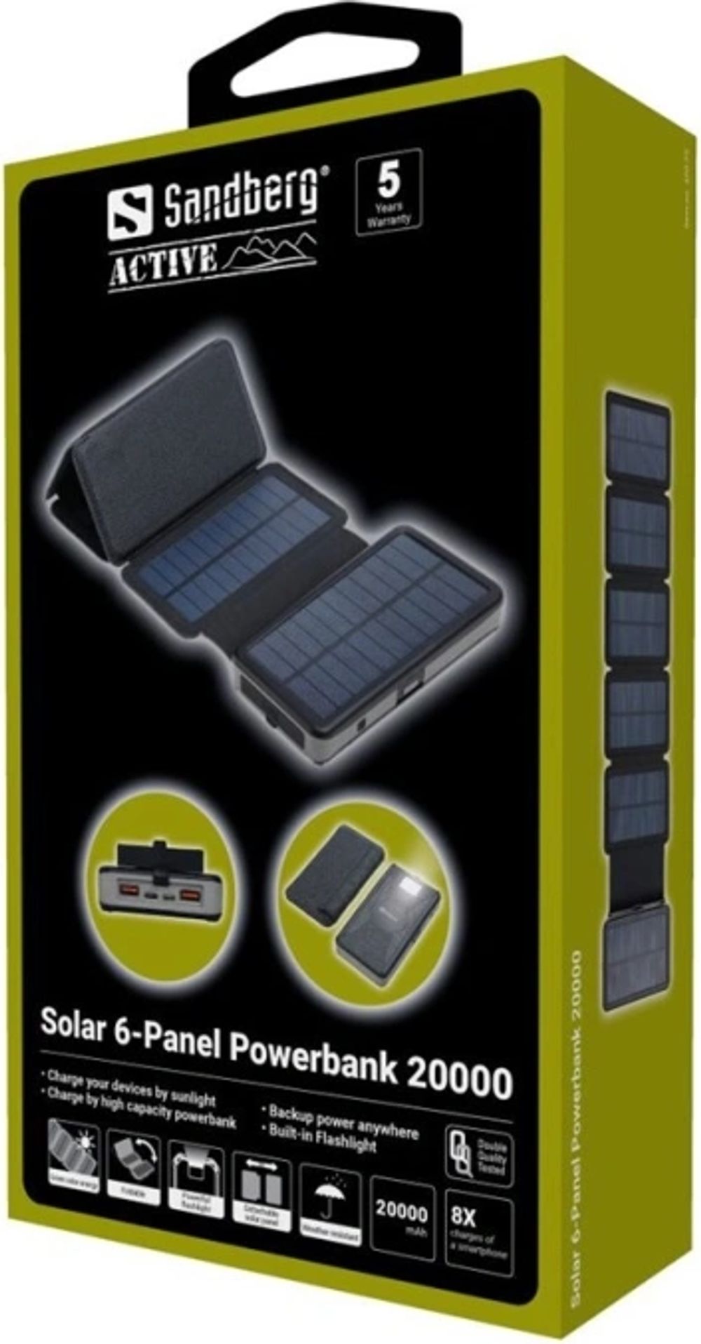 Tilbud på Sandberg Active 6-Panel - Solarstrømbank - Li-pol - 20000 mAh - 74 Wh - 3 A - PD - 3 output-stikforbindelser (2 x USB, 24 pin USB-C) - på kabel: USB-C fra ComputerSalg til 526 kr.