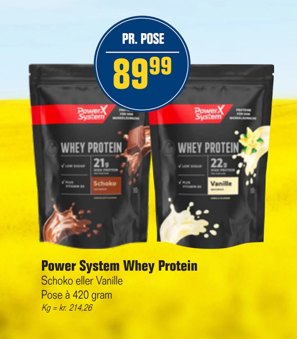 Tilbud på Power System Whey Protein fra Otto Duborg til 89,99 kr.