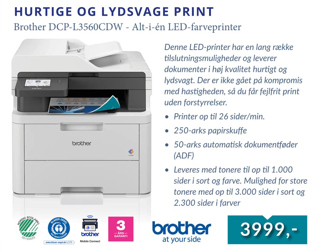 Tilbud på Brother DCP-L3560CDW - Alt-i-én LED-farveprinter fra CBC IT til 3.999 kr.