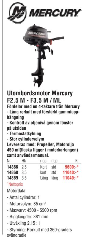 Utombordsmotor Mercury F2.5 M - F3.5 M / ML