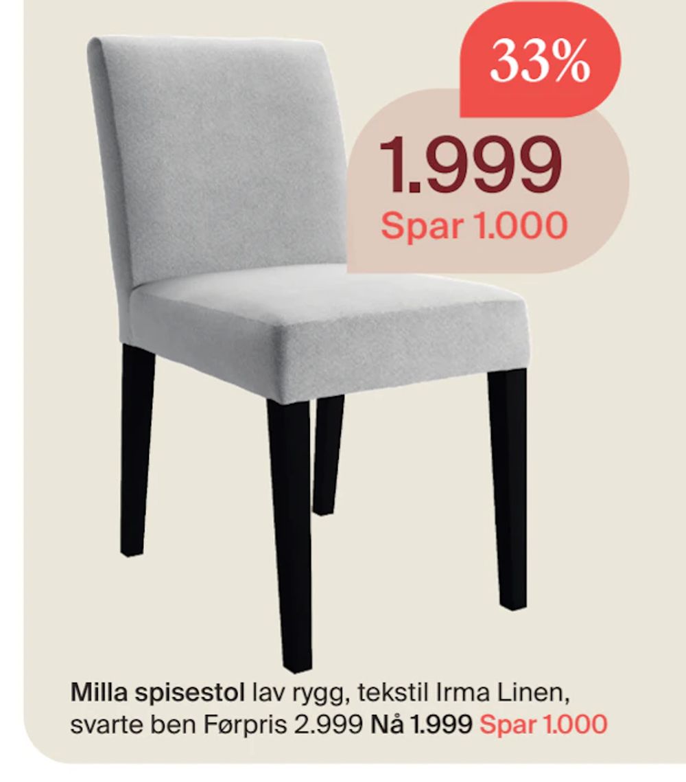 Tilbud på Milla spisestol fra Møbelringen til 1 999 kr