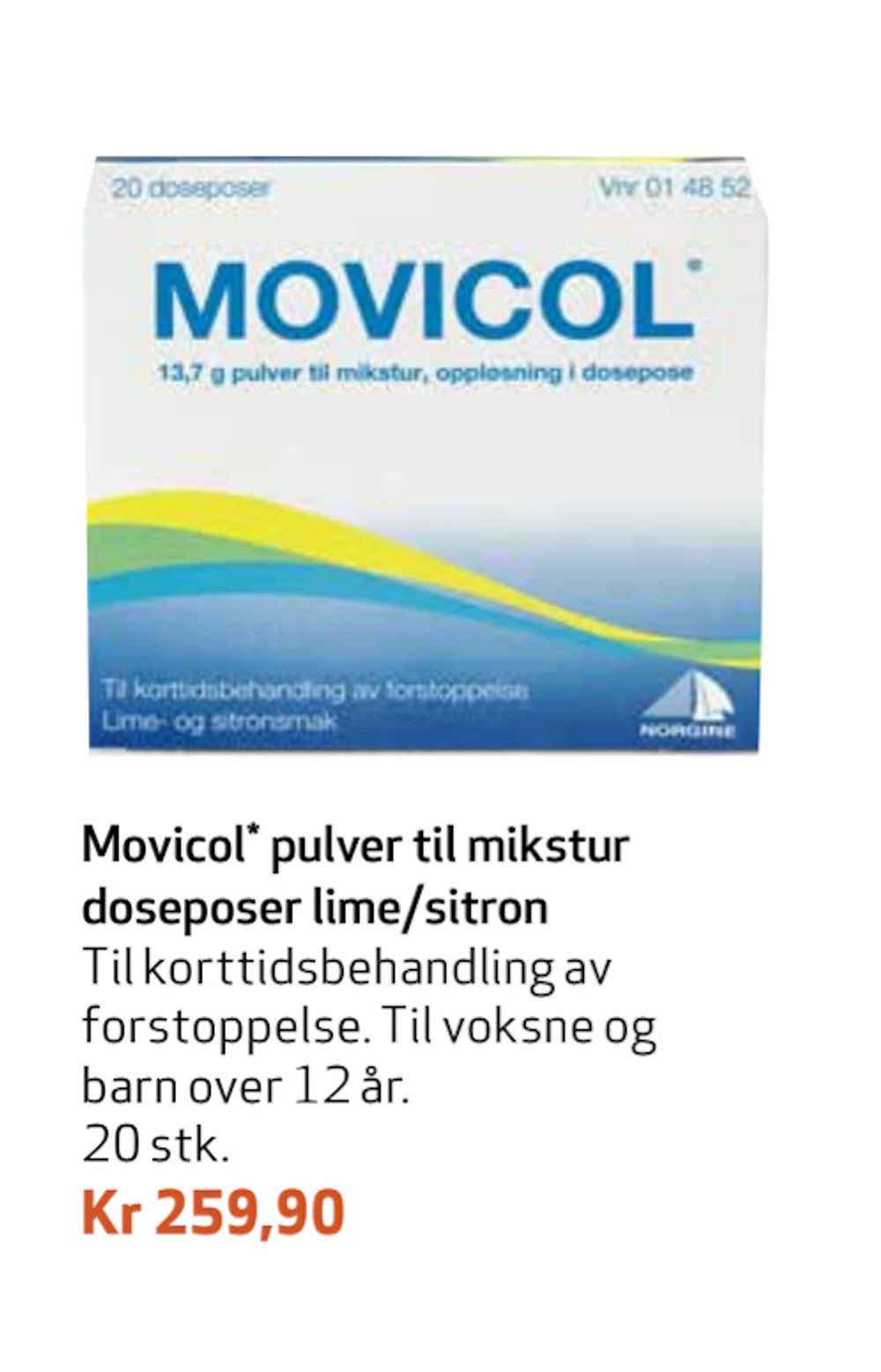 Tilbud på Movicol pulver til mikstur dose poser lime/sitron fra Apotek 1 til 259,90 kr