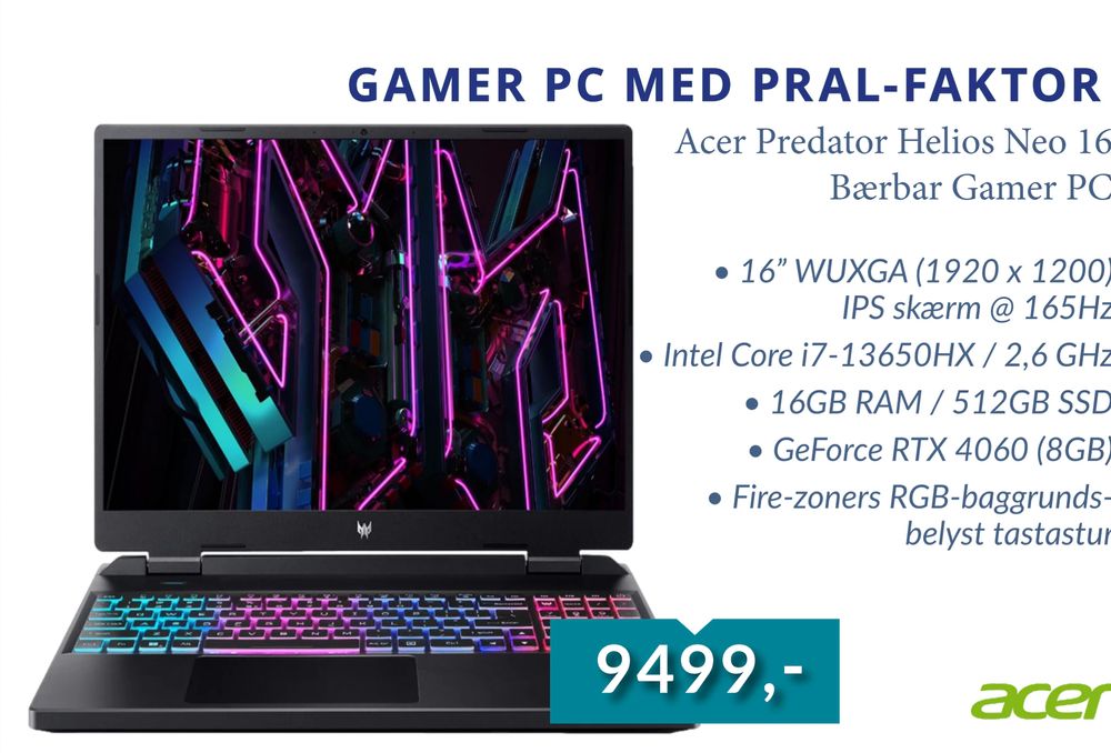 Tilbud på Acer Predator Helios Neo 16 Bærbar Gamer PC fra CBC IT til 9.499 kr.