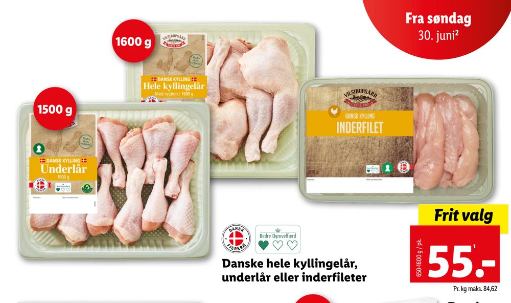 Tilbud på Danske hele kyllingelår, underlår eller inderfileter fra Lidl til 55 kr.